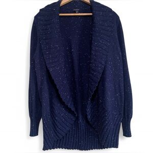 Talbots Women’s Navy Speckled Cardigan Sweater w/ Ribbed Detail Size Medium